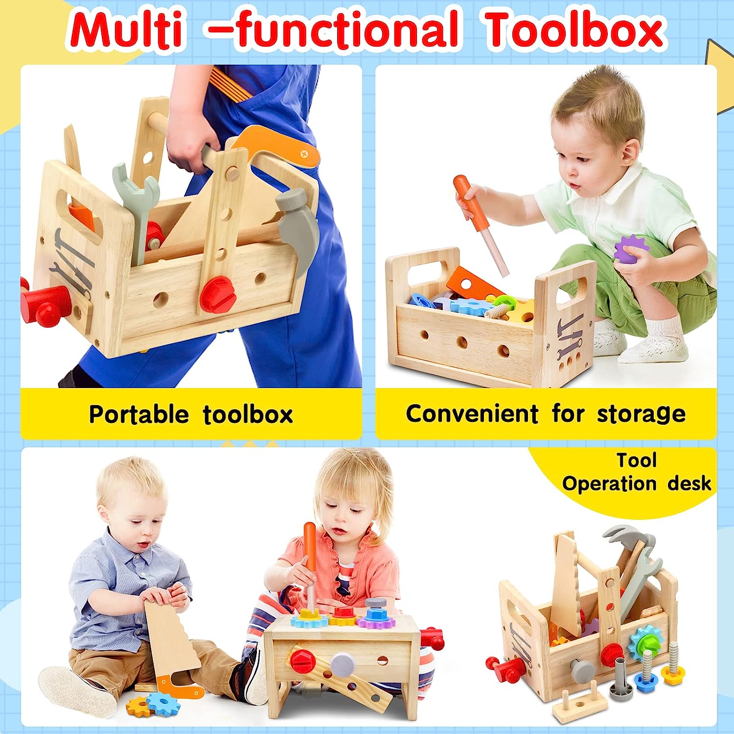 Wooden Toddler Tool Set with Box, Montessori Educational Toy for Babies from 6 Months