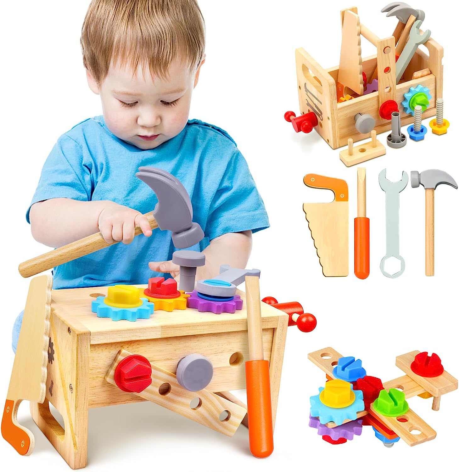 Wooden Toddler Tool Set with Box, Montessori Educational Toy for Babies from 6 Months