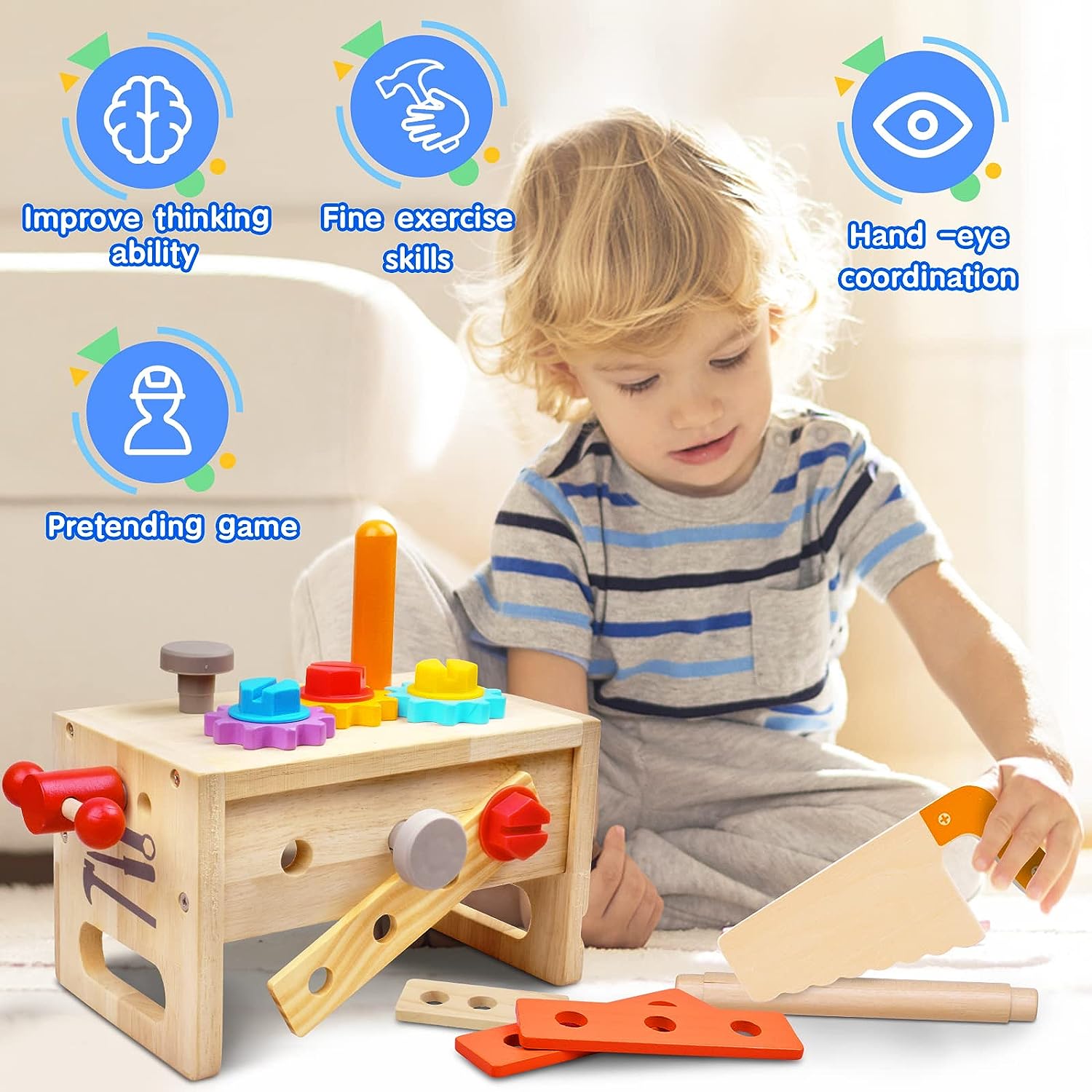 Wooden Toddler Tool Set with Box, Montessori Educational Toy for Babies from 6 Months