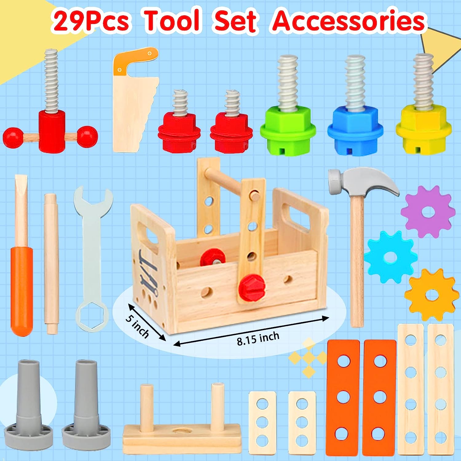 Wooden Toddler Tool Set with Box, Montessori Educational Toy for Babies from 6 Months